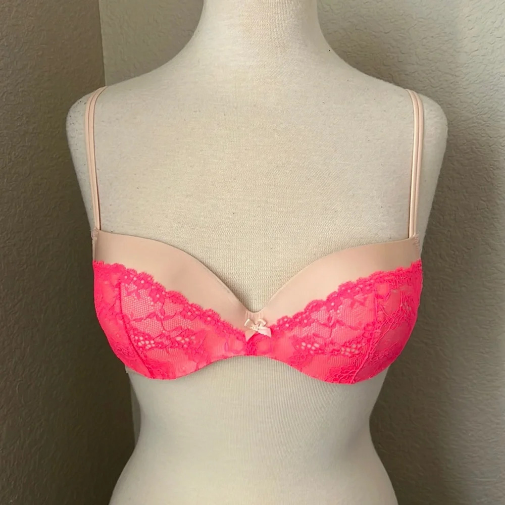 VICTORIAS SECRET pink + hot pink padded demi bra